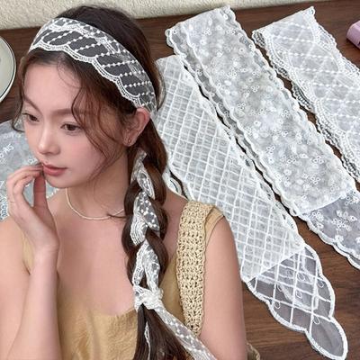 Damen Schmaler Langer Weißer Aushöhlter Spitzenschal Stirnbänder Einfarbig Floral Besticktes Band Halskette Haargummi Sommer Kopfbedeckung