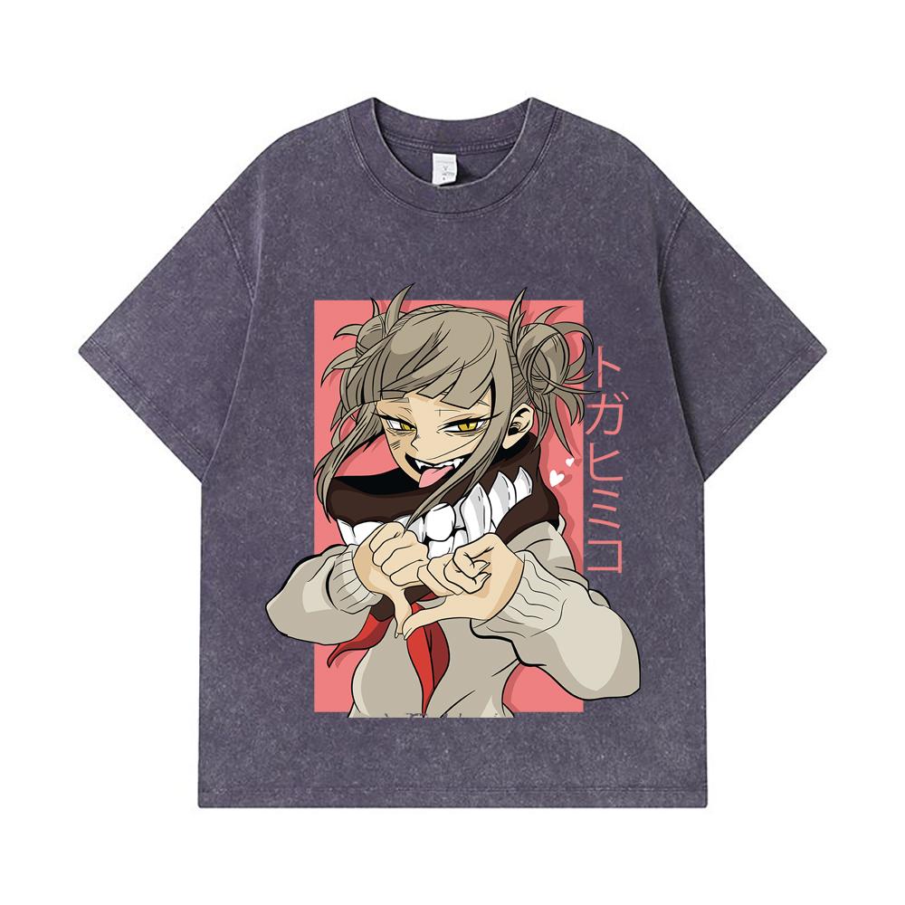 275 GSM Gewassen T-shirts 100% Katoen My Hero Academia V19 Toga Print Unisex Zwaar Katoenen T-shirt