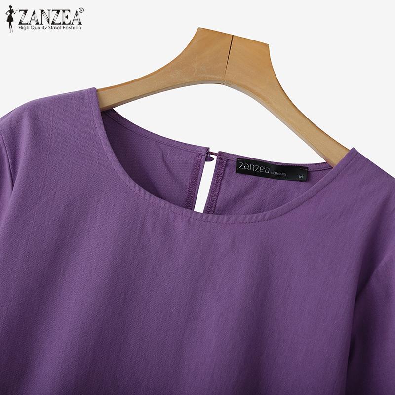ZANZEA Damen Freizeit Rundhals Locker 3/4 Ärmel Baumwollbluse