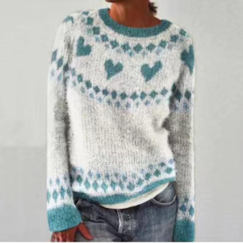 Womens Geometric Color Block Crewneck Sweater Loose Fit Long Sleeve Pullover Knit Top
