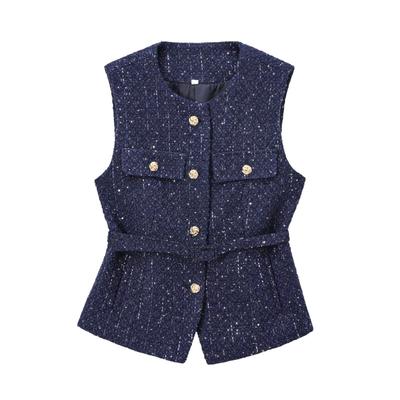 Women's Tweed Waistcoat O Neck Sleeveless Front Button Female Outerwear Chic Tops Fashion Women's Elegant Short Vest