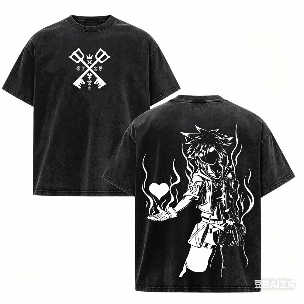 Kingdom Hearts Washed T-shirt Year Round Clothing High Quality Personality Clothes Plus Size Unisex New Model Washed Vintage Loose