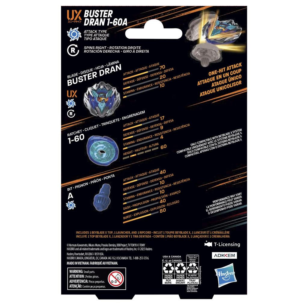 Beyblade X Buster Doran UX Pacchetto Starter con Beyblade di Tipo Attacco e Beyblade da Battaglia Autentici Takara Tomy per Ragazzi e Ragazze 1-60A Lanciatore; Gioco/Giocattolo 8+