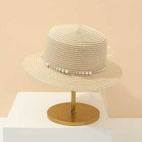 Beach Hat Wide Brim Flat Top Imitation Pearls Trim Tulle Bow Decor Straw Hat Lightweight Breathable Sun Protection Hat