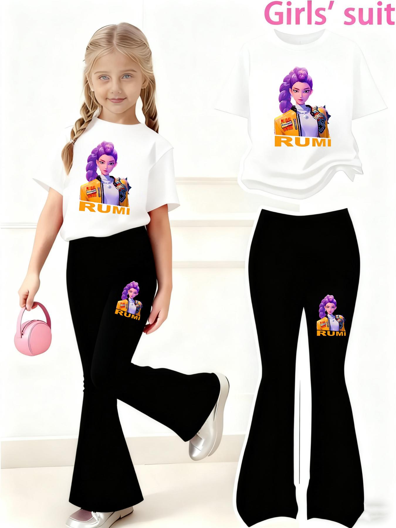 

Детская одежда Девочки Охотница Девочки Группа Rumi Принт Комплект из 2 предметов Девочки Повседневный Спортивный Комплект с Короткой Рукавой и Брюками-Клеш 120 белый