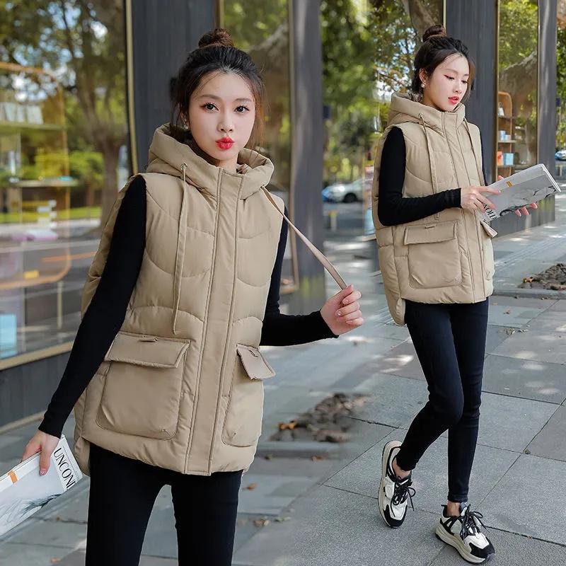 Women Long Loose Puffer Vest Quilted Hooded Fall Winter Fashion Lightweight Padded Down Cotton Vests Female Oversized Warm Gilet