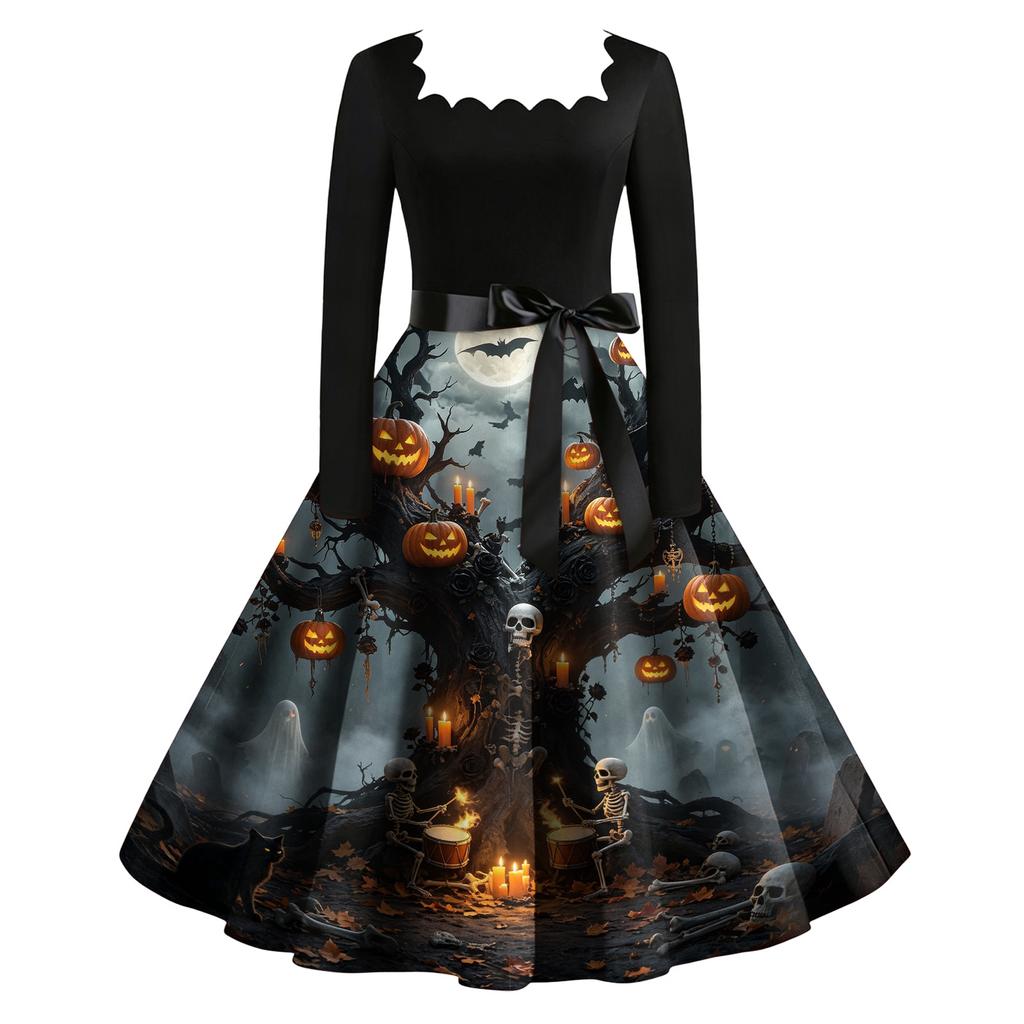 Women's Vintage Long Sleeve Square Neck Halloween Printed Party Dress for Evening Wear