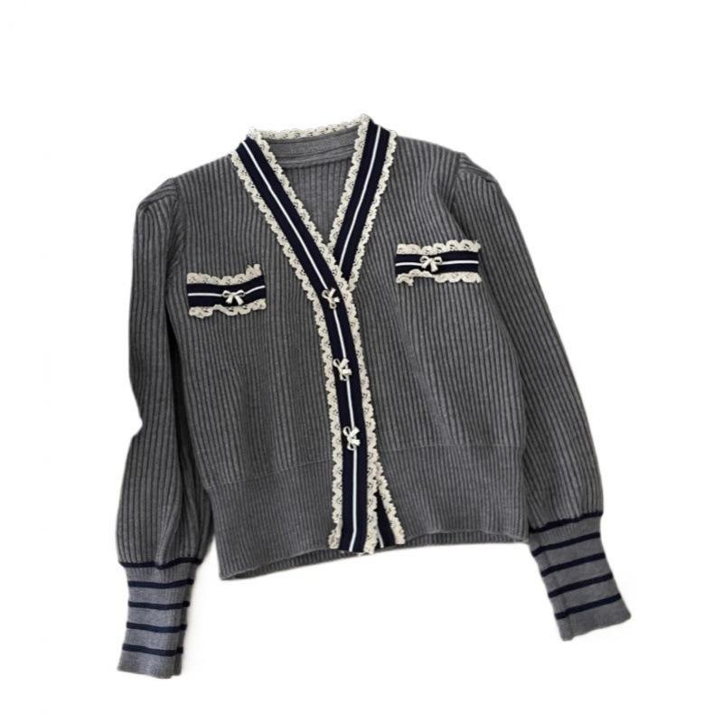 2026 Autumn French-Style Elegant Color Block Stripe Lace Knit Cardigan