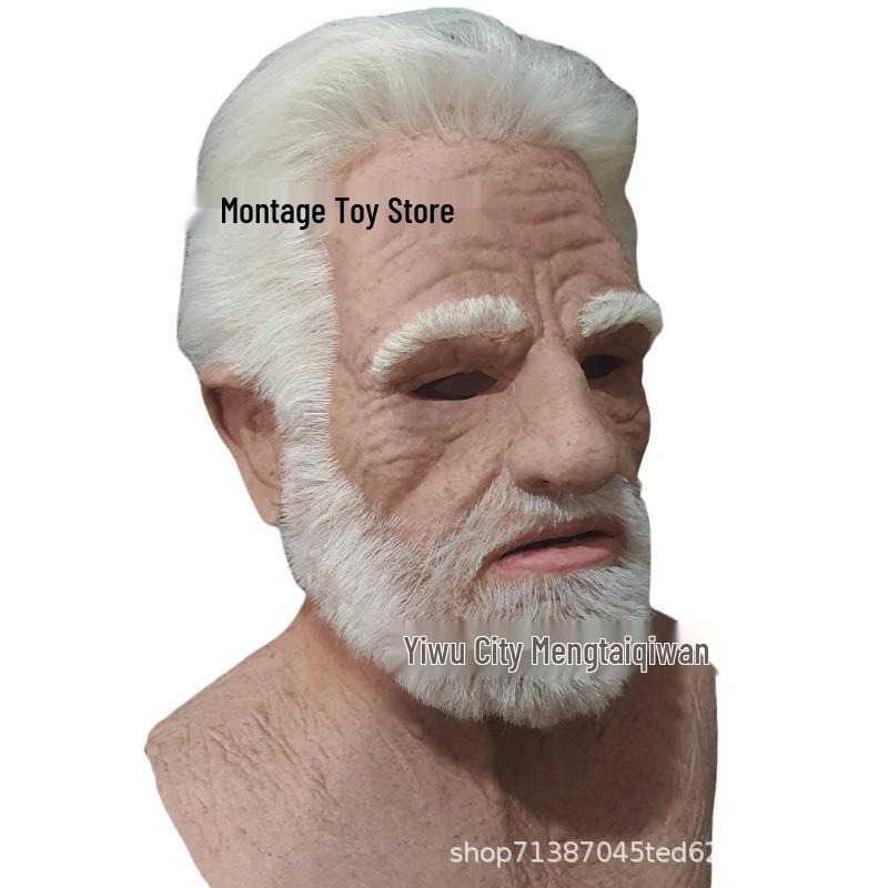 Realistic Human Face Mask - Handsome White-Haired Old Man with Wig