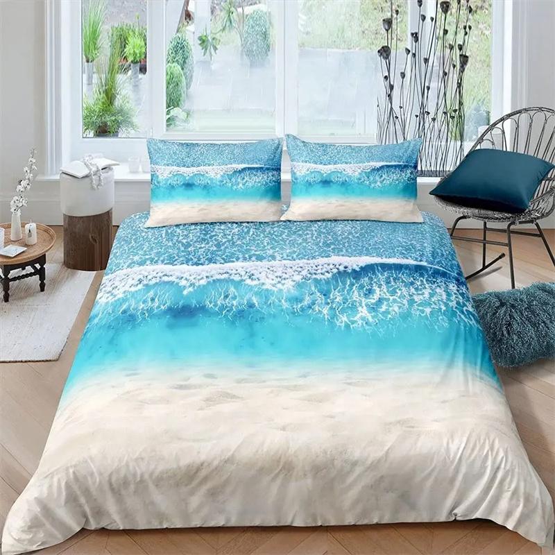 Beach Sea Wave Ocean Duvet Cover Sunset Hawaiian Palm Tree Wave Comforter Cover Tropical Island and Sea Beach Nature Theme Decor