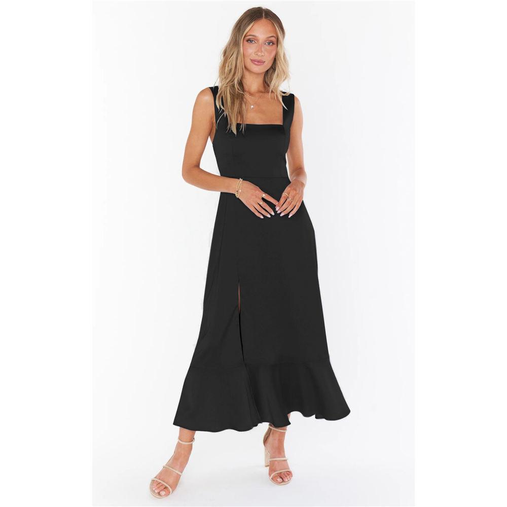 Women's Elegant Bridesmaid Dresses Square Neck Ruffle Slit Hem Midi Formal Dress for Wedding Guest Cocktail Party