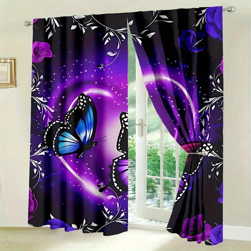 2 Pieces - Purple Fluttering Butterfly Printed Curtains   Bedroom and Living Room   Home Decoration   Room Decoration