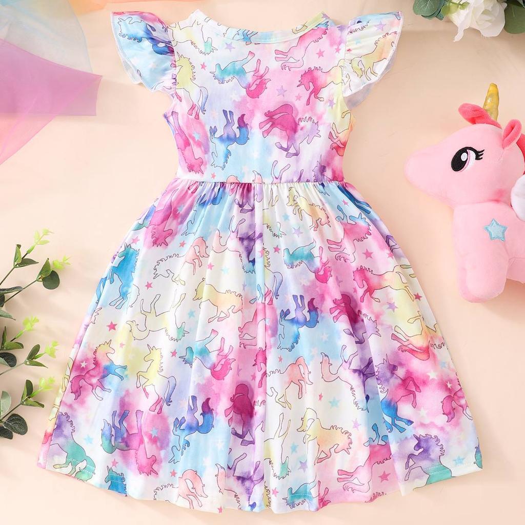 Preschool Dress Cartoon Dinosaur Butterfly Princess Summer Ruffled Sleeves Tie Dyed Rainbow Party Set