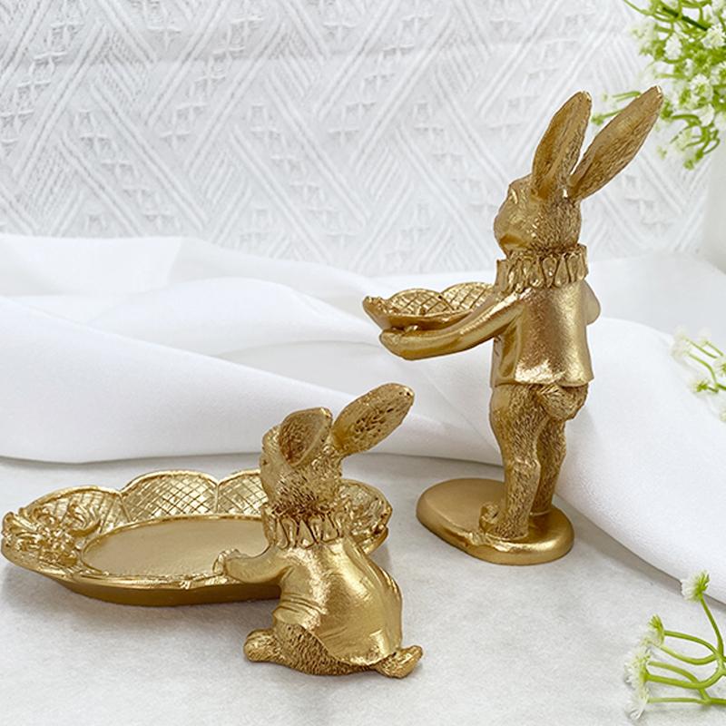 Cute Golden Bunny Figurine Luxury Jewelry Ring Tray Home Desktop Decoration Easter Rabbit Statue Resin Crafts Dresser Ornaments