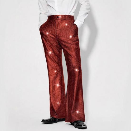 Men's Shiny Sequin Trousers Retro Elastic Waist Party Dance Pants Wide Leg Night Club Disco Pants for Stage Performance Hip-Hop Bar