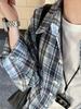 Man Jiang Yue Women's Retro Blue Plaid Shirt - Early Spring Chic Design, Casual Brushed Cardigan Jacket