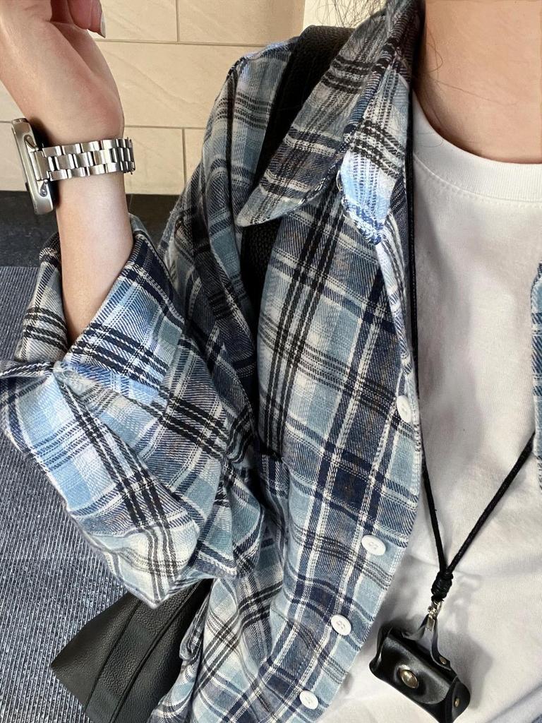 Man Jiang Yue Women's Retro Blue Plaid Shirt - Early Spring Chic Design, Casual Brushed Cardigan Jacket