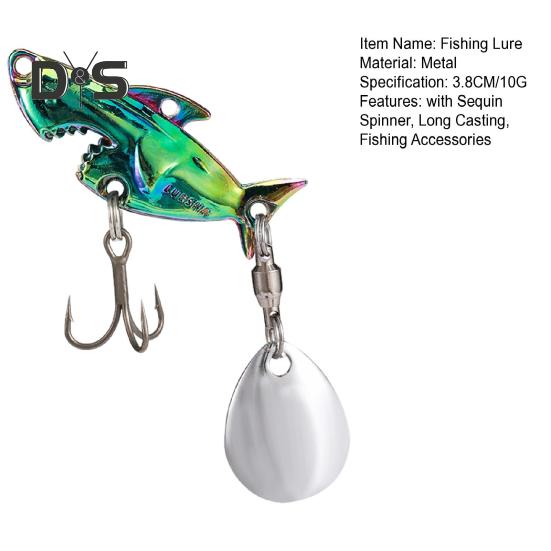 3.8CM/10G Metal Shark Fishing Lure with Spinner Sequin Treble Hooks Long Casting Artificial Hard Bait Freshwater Saltwater Trout Bass Fishing
