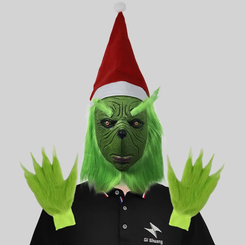 Hilarious Grinch Mask And Green Furry Gloves Set Ideal For Christmas Parties And Halloween Celebrations