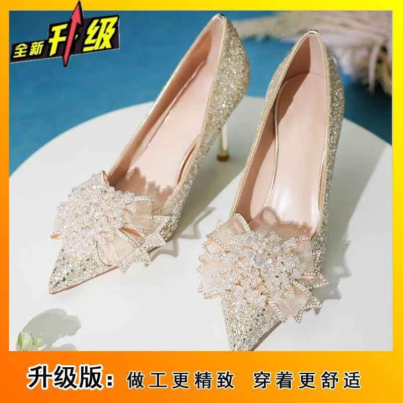 Beautiful Pointed Head Shallow Mouth Stiletto High Heels Women's Spring and Summer New Fashion Versatile Comfortable Bow Single Shoes