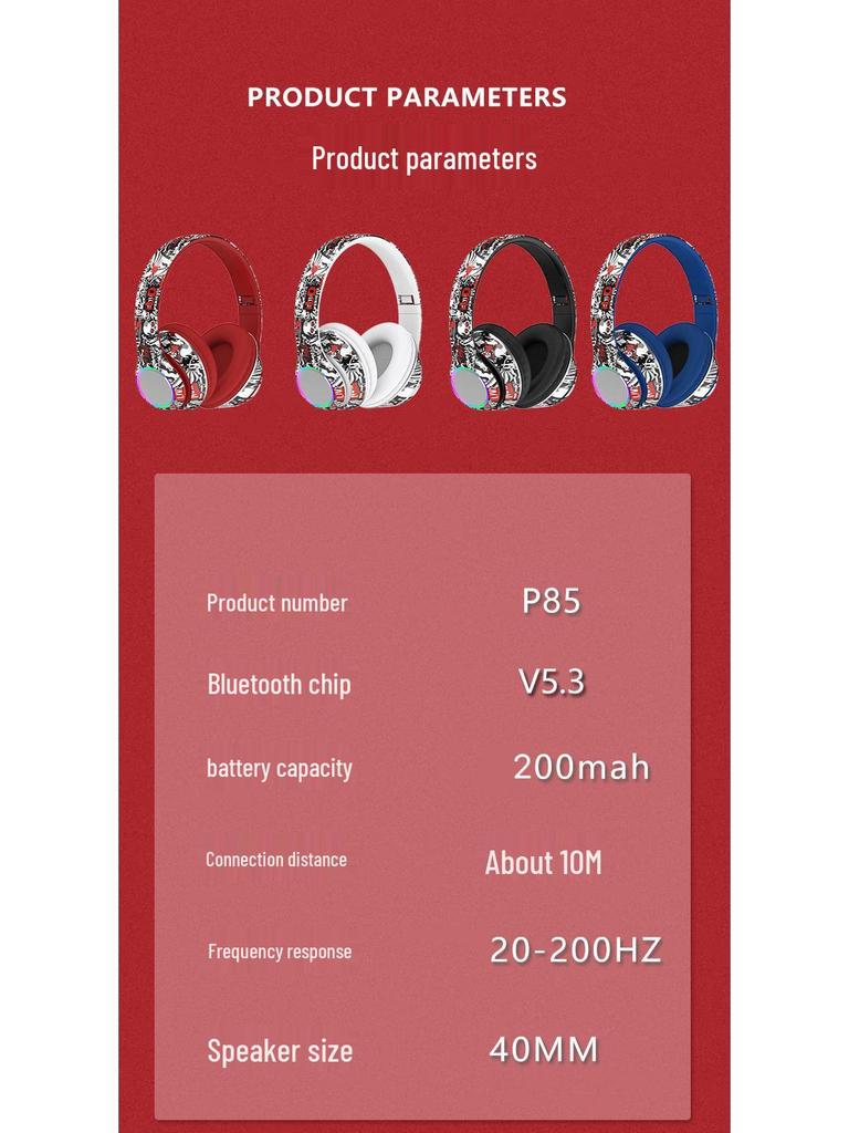 P85 Bluetooth Over-ear Wireless Headset: Colorful Graffiti Design, Cool Luminous RGB, Deep Bass, Foldable.