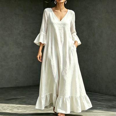 Europäische und amerikanische Damenbekleidung Frühling und Sommer neues Dreiviertelarmkleid, lockeres V-Ausschnitt-Kleid mit Rüschensaum