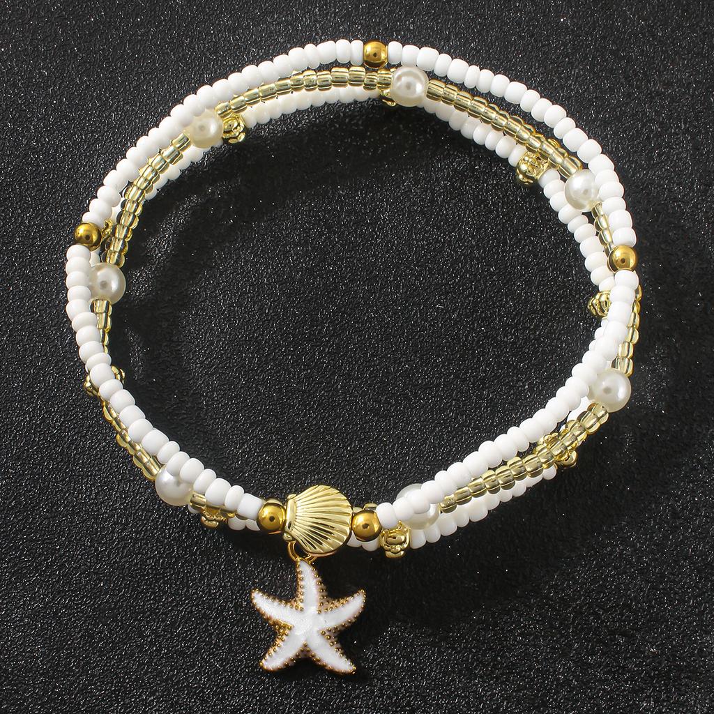Summer Bohemian Triple Layered Ankle Chain Fashion Starfish Shell Pendant Handmade Seed Beads Women's Beach Party Foot Zircon