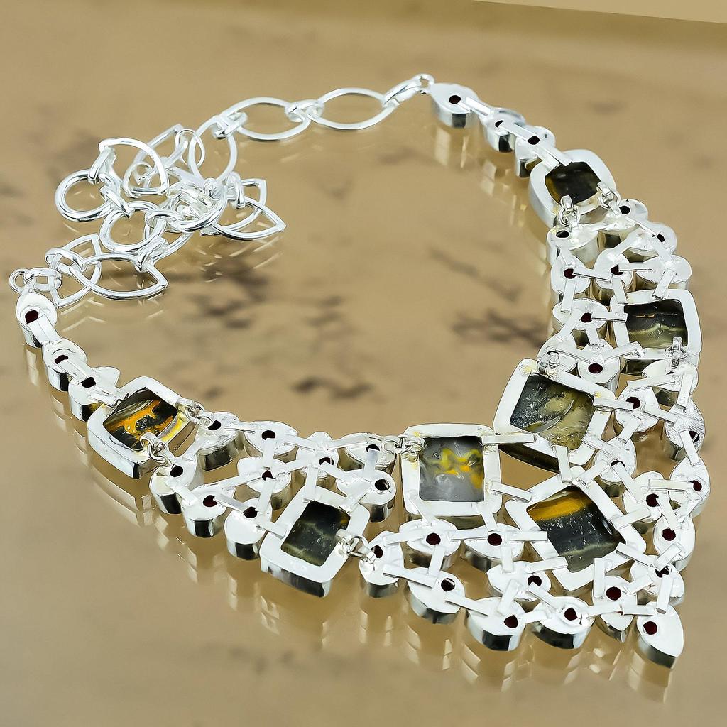 Natural Bumble Bee Jasper Gemstone Chain Yellow Adjustable Necklace 925 Silver