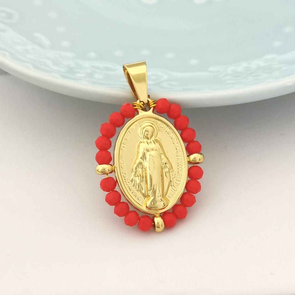 

QMHJE Virgin Mary Pendant Charm Necklace Women Stainless Steel Pearl Choker Beads Chain Gold Color Rainbow Colorful Jewelry красный