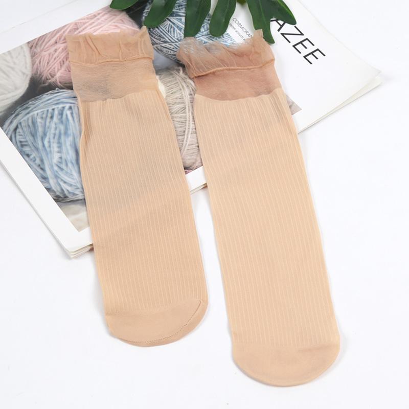 1 Pair Women'S Summer Ruffled Nylon Socks Transparent Stripes Lace Short - Breathable Ultra-Thin Elastic Non-Slip Sexy Stockings