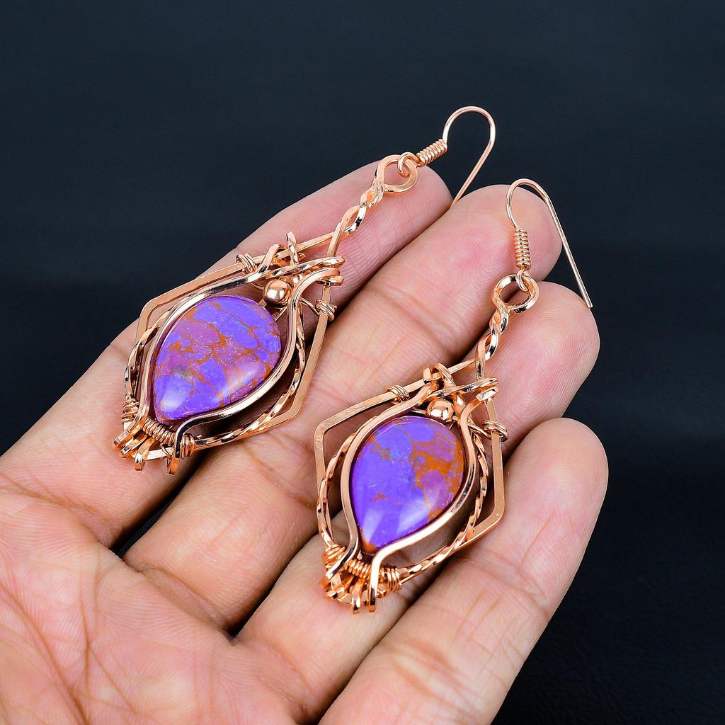 Purple Copper Turquoise Earrings, 999 Copper Wire Wrapped Jewelry, Gemstone Earrings, Gift For Her Handmade Dainty Jewelry
