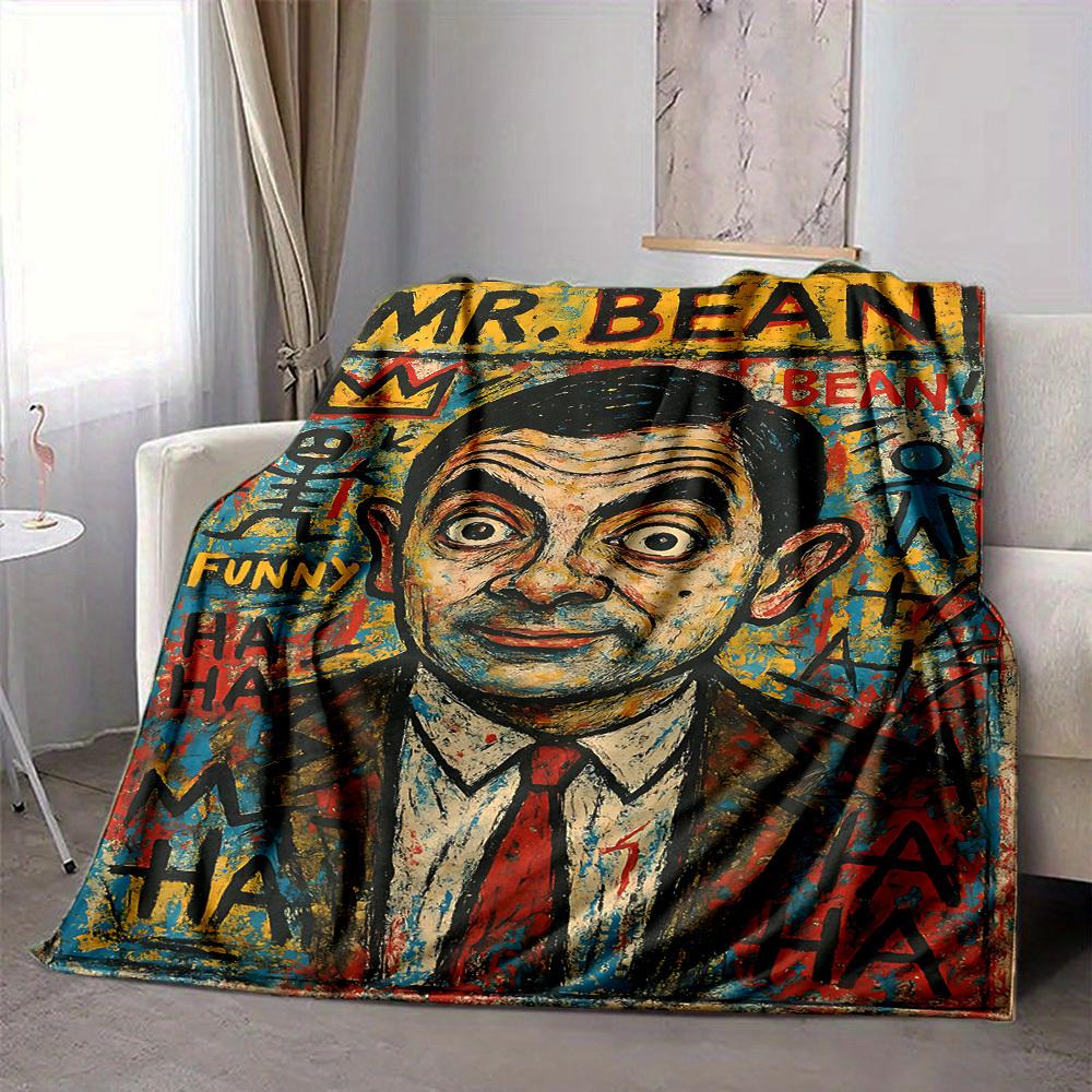 1pc Mr. Bean Art Flannel Throw Blanket HD Printed Lightweight Soft Warm All Season Blanket for Sofa, Bed, Travel, Camping Machine Washable