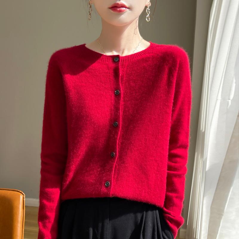 Women 100% Merino Wool Cardigan Soft O-Neck Cashmere Sweater OL Buttoned Knitwear Casual Top Clothing Korean Style