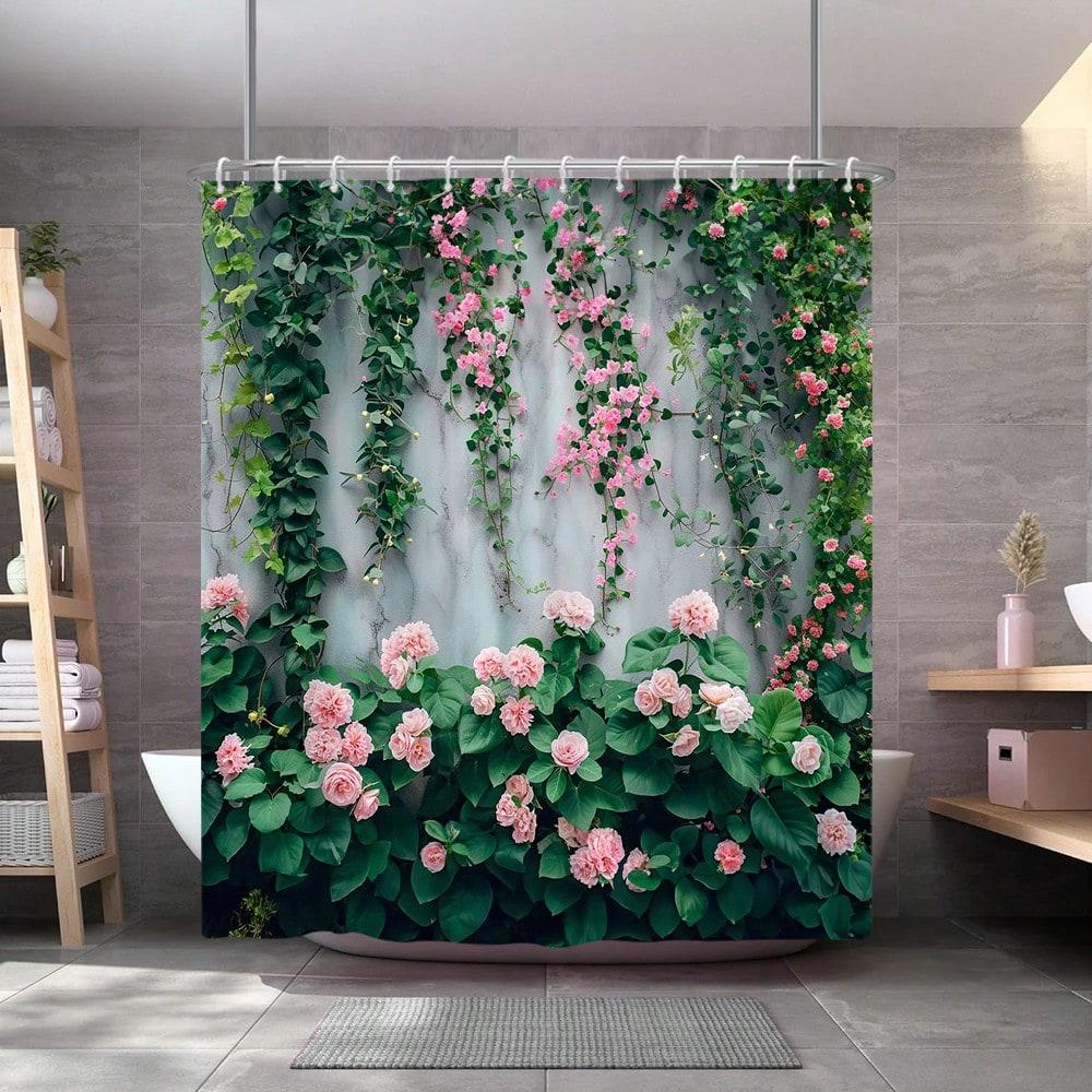 Outdoor Garden Shower Curtain Garden Landscape Ivy Pink Flowers Green Leaves Vine Green Plants Fabric Printing Modern Simple
