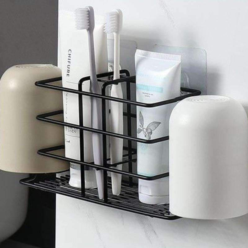 

1pc Drill-Free Iron Toothbrush Holder with Wall-Mounted Mouthwash Cup Rack - for Bathroom & Kitchen Storage, Home Decor чёрный