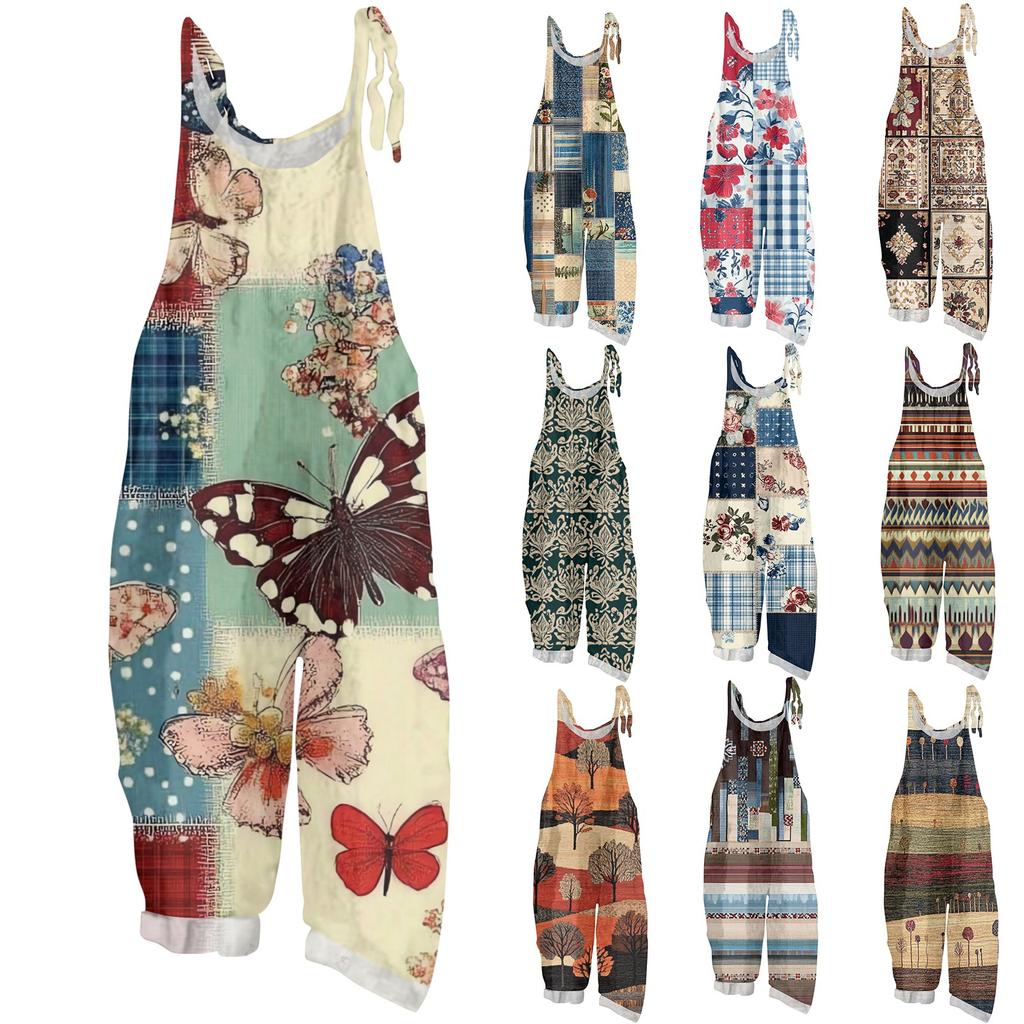 Women's One-piece Pants With Retro Prints, Casual Loose Retro Straps, And Cotton And Linen