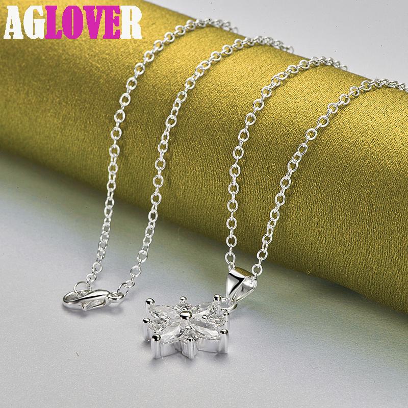 925 Sterling Silver AAA Zircon Flower Pendant Necklace Jewelry