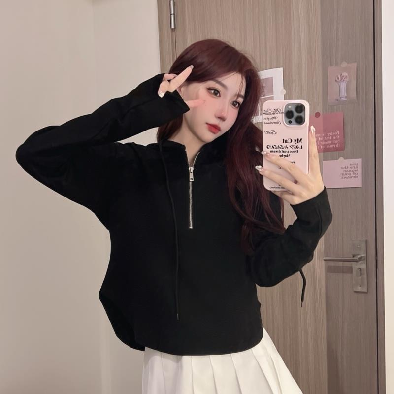 Autumn New Korean Version Simple Solid Color Design Sense Niche Women'S Zipper Pullover Hoodie Women'S Short Style Top