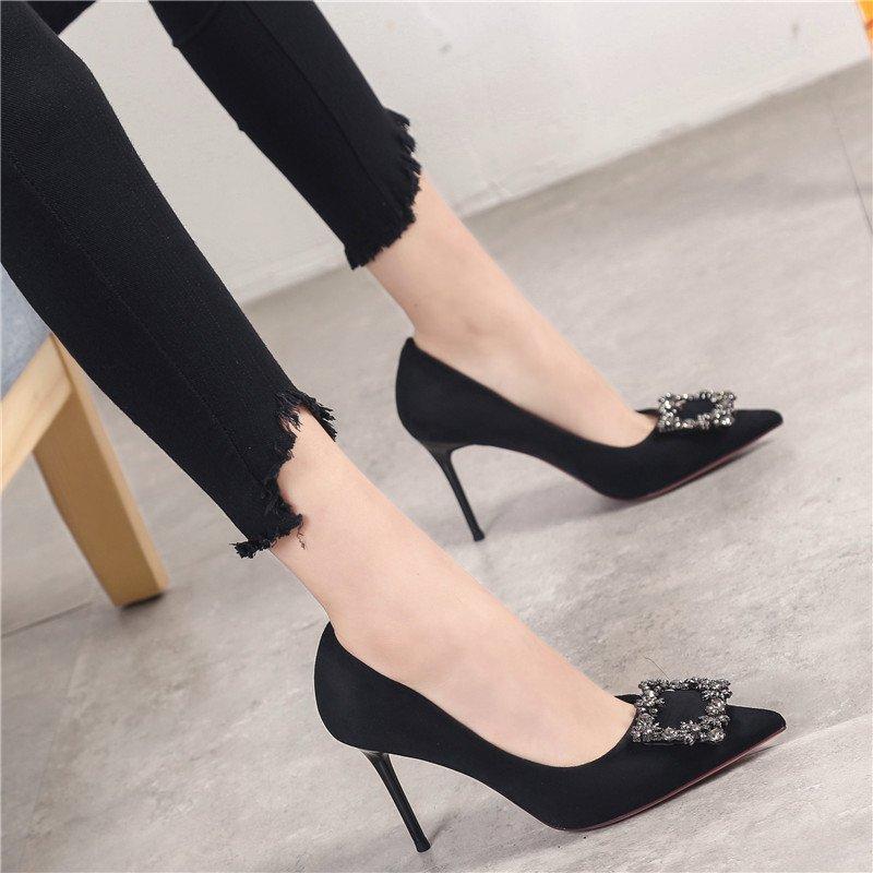 Sexy Black Women High Heels Shoes 2024 Square Rhinestone Stiletto Pointed Toe Office Shoes Female Korean  Wedding Dress Shoes