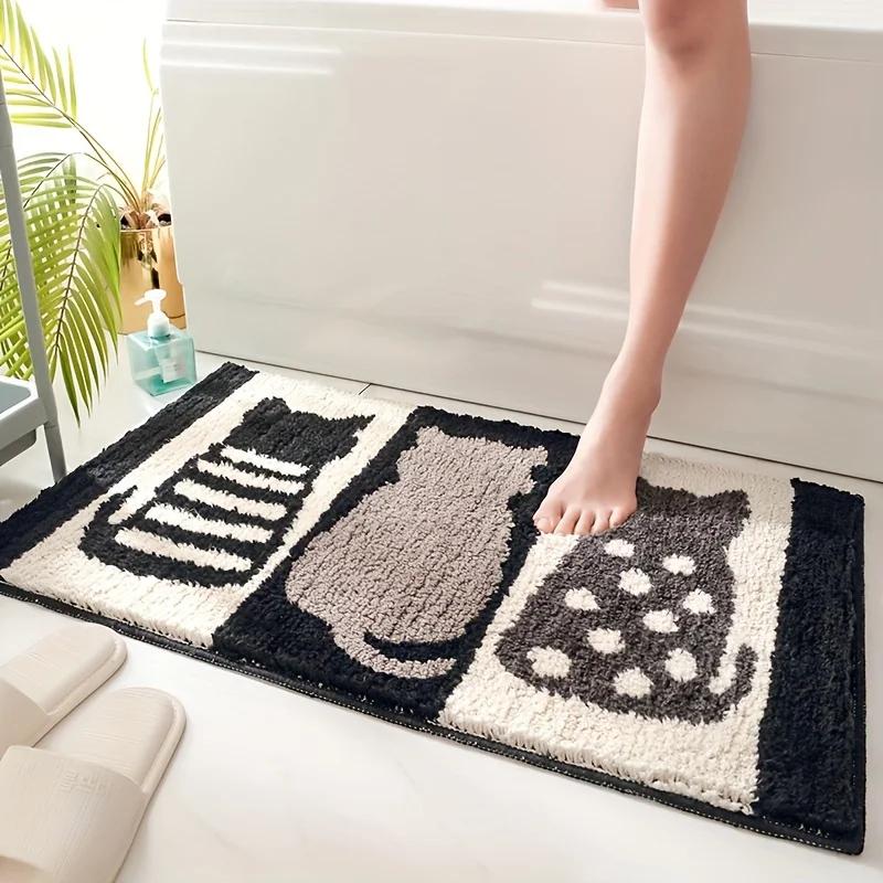 Cute Cat Print Bathroom Mat Non-Slip Absorbent Quick Dry Stain Resistant Washable Soft Durable Floor Rug for Home