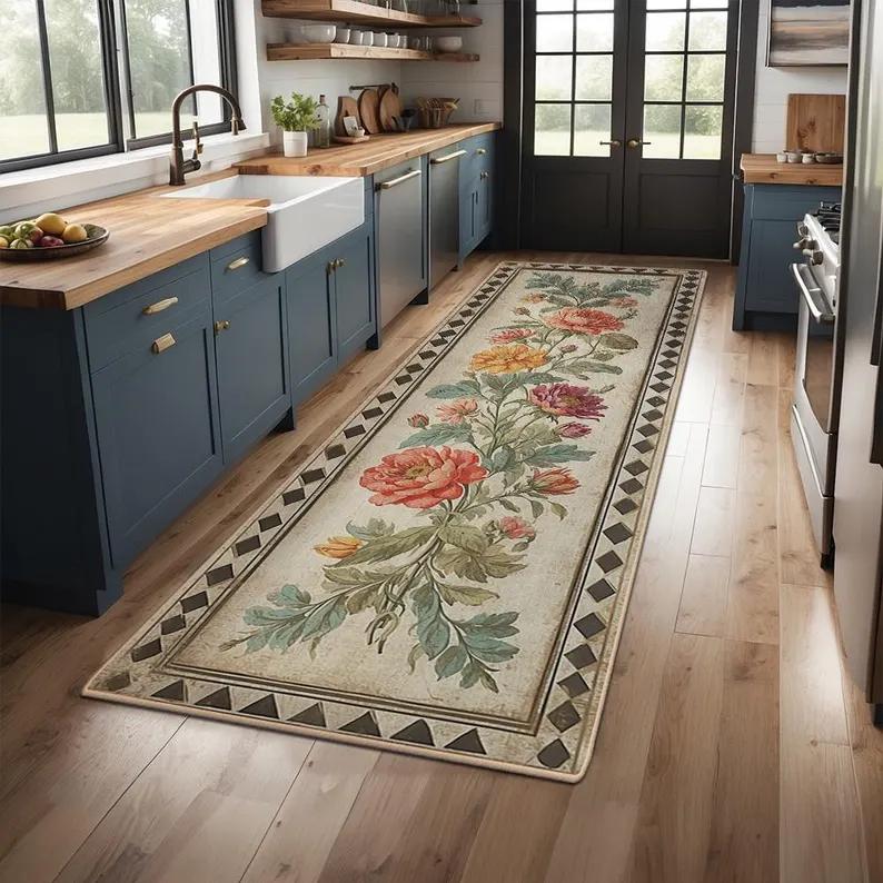 Maschinenwaschbarer Läuferteppich mit niedrigem Flor - Rutschfeste Bodenmatte für Küche, Waschküche, Flur, Eingangsbereich - Sicher für Haustiere und Kinder - Klassisches Zuhause