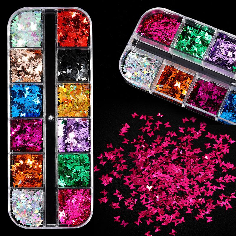 12-Color Nail Art Fluorescent Laser Nail Patch, Bar Boxed Maple Leaf Butterfly Sequin Nail Glitter Patch
