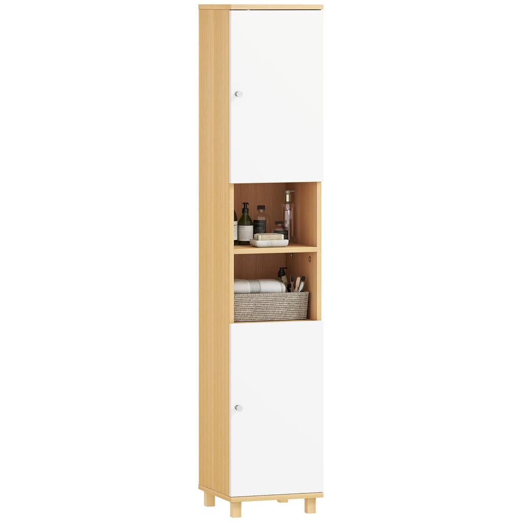 Bathroom Cabinet With 2 Cupboards And Open Shelves Adjustable Internal Shelves 30x30x166 Cm White And Wood