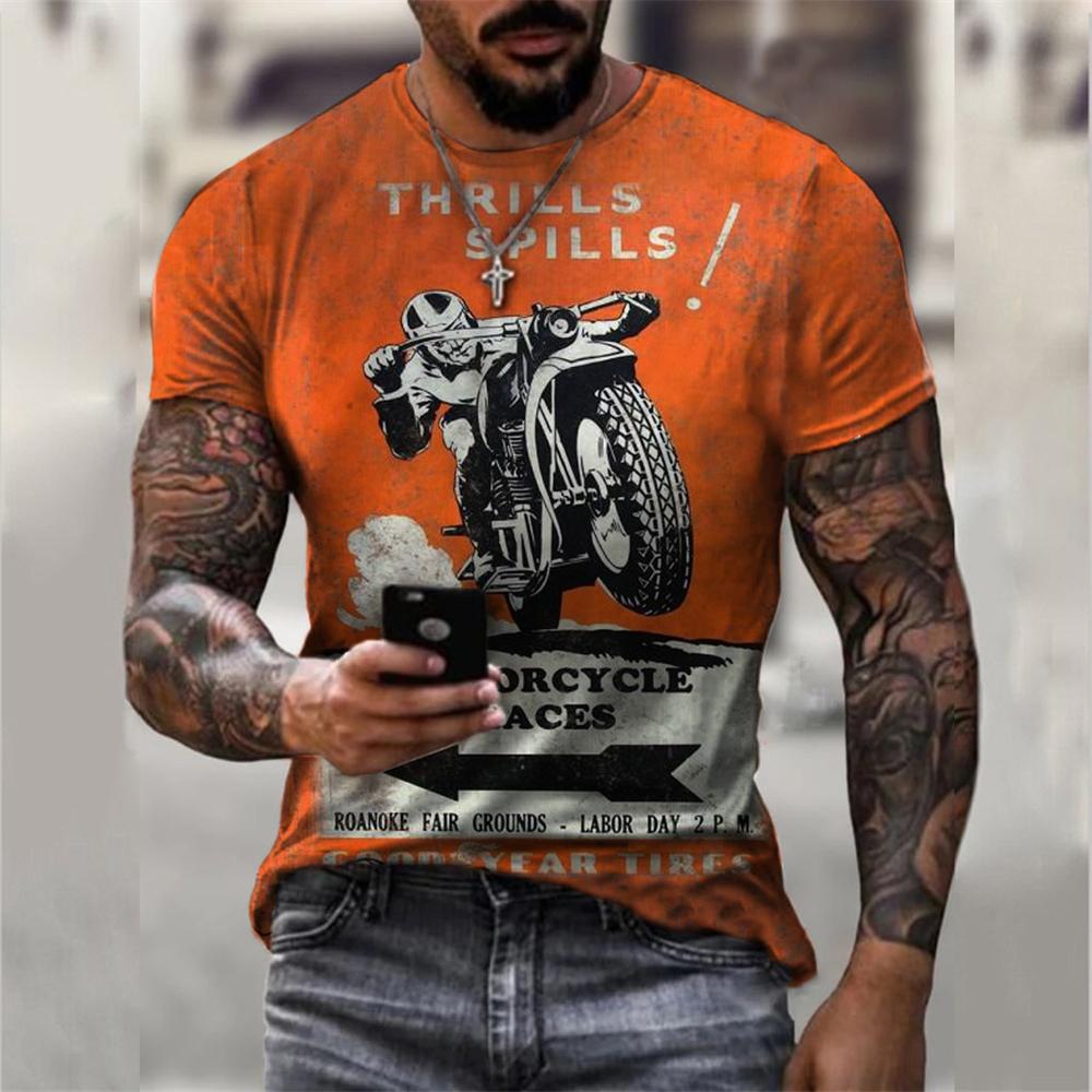Men's 3D Motorcycle Print Geometric Pattern Digital Tshirt Hip Hop Fashion Oversized O-Neck Tee Top Streetwear Short Sleeve Tops
