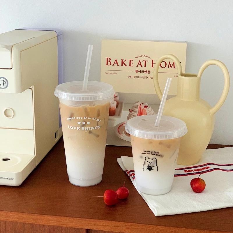 Cute Water Bottle With Straw Lid Kawaii Plastic Water Cups For Coffee Juice Milk Tea Portable Reusable Drinking Bottle BPA Free