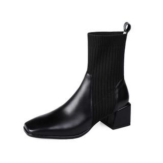 Bocanci de damă Toamnă Retro Vârf Pătrat Piele PU Șosete Femme Toc Mediu Bocanci Scurți Robustă Exterior Tricotate Elastice