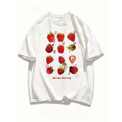 100% Cotton T-shirt Cute Fresh Strawberry Print T-shirt Unisex Summer Comfortable Loose Top Street Fashion Women's Wear