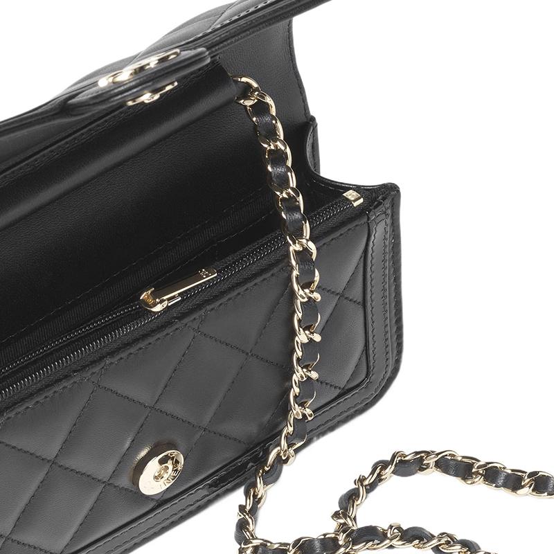 Chanel 23b Gold Buckle Chain Diamond Pattern Leather Chain Strap Sheepskin Material Gold Hardware Messenger Bag Women'S Black