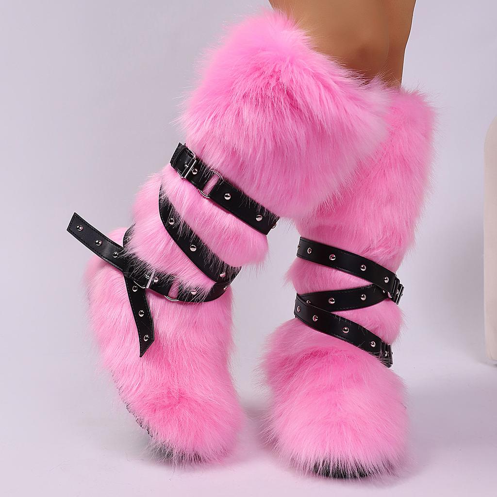 IPPEUM Winter Fur Boots 2025 Knee High Boots For Women Shoes Pink Red Purple y2k Snow Boots