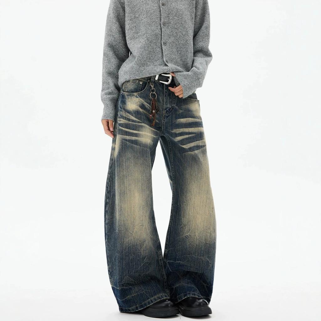 American retro lightning pattern dirty dyed cat whisker jeans men's and women's niche washed silhouette thin scimitar pants